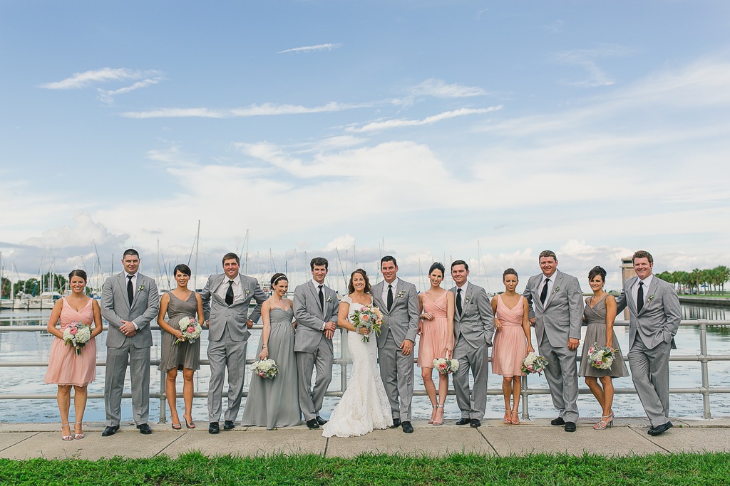 Grey Groomsen Suits and Pink Bridesmaids Dresses