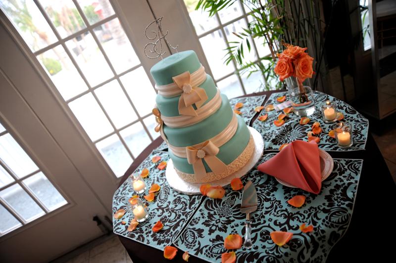 KRL Chocolate Polyester Tablecloth with Aqua Chocolate Chateau Napkin Accents and Coral Polyester Napkin photo by foto di amore
