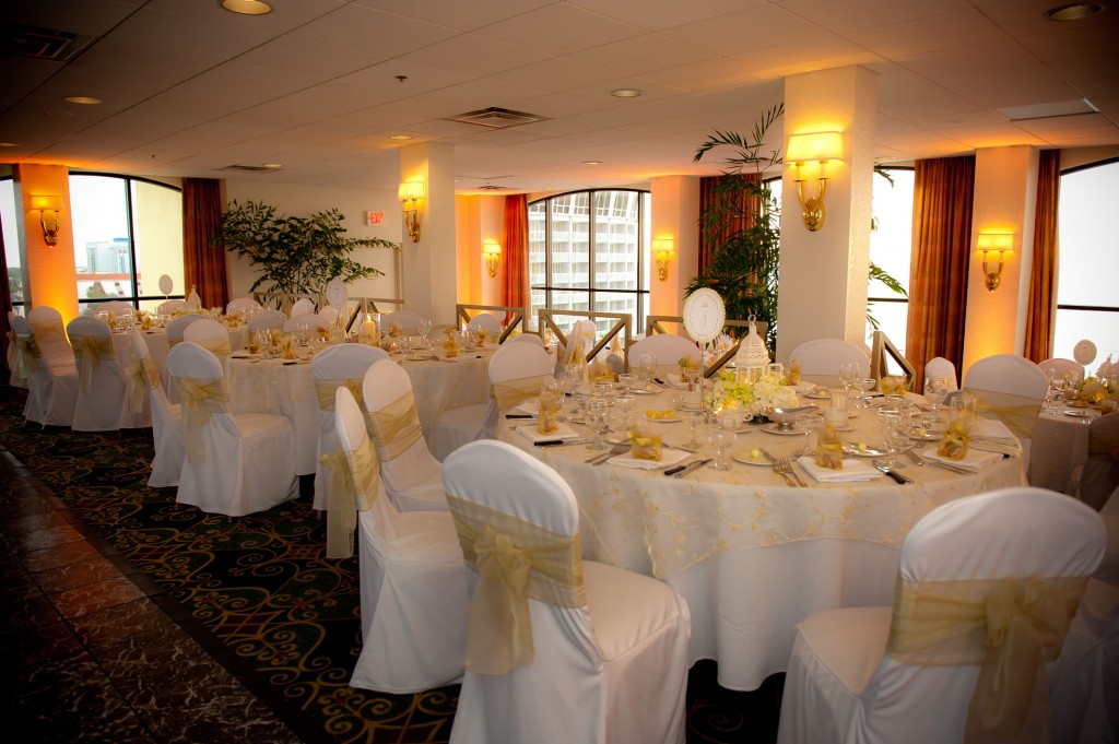 White Table Linen Chair Covers with Champagne Floral Squins Overlays Sashes photo by Richard Harerell Photography