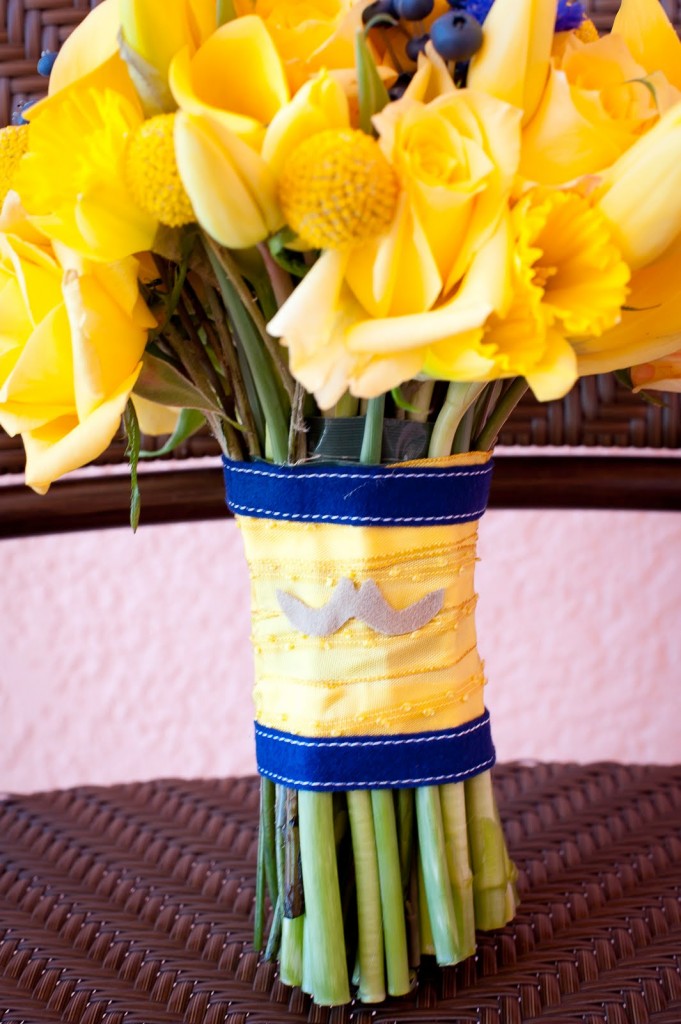 MMD Events Yellow Blue Bouquet with Mustache at Hyatt Regency Clearwater Beach Basia Mille Photography UNIQUE Event Design