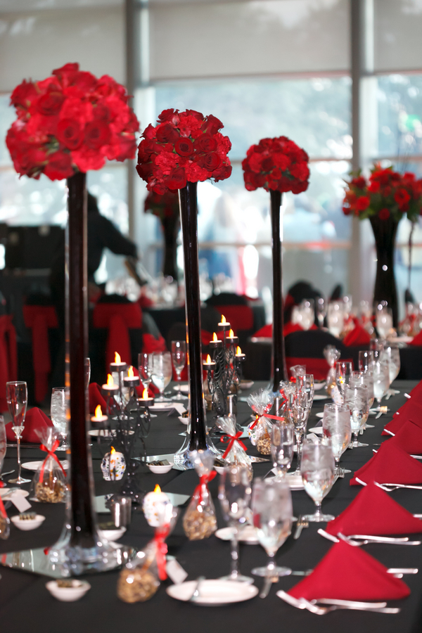 black, white and red wedding reception decor photo by Yvette Roman