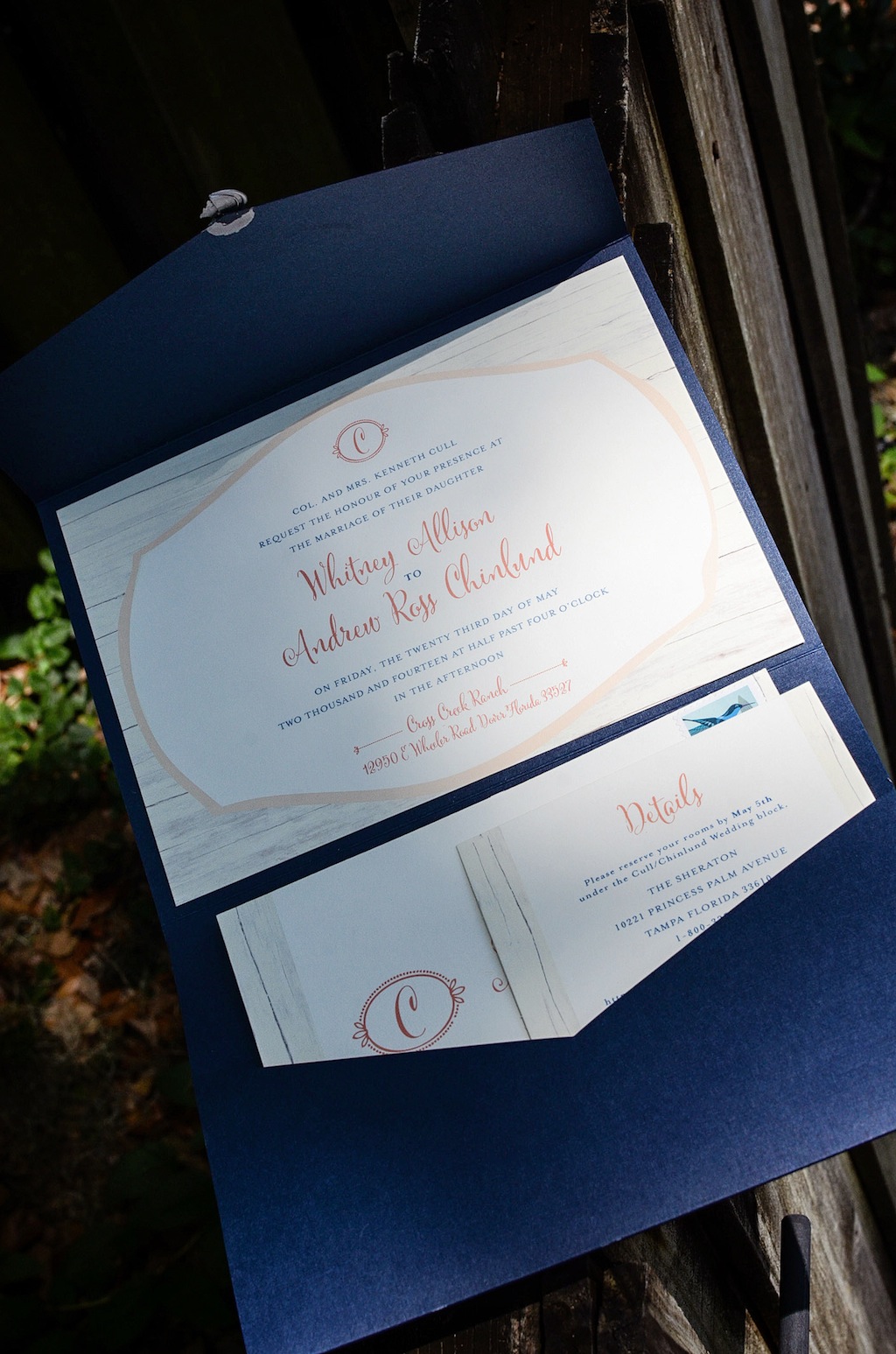 Navy Blue and Coral Wedding Inivitations