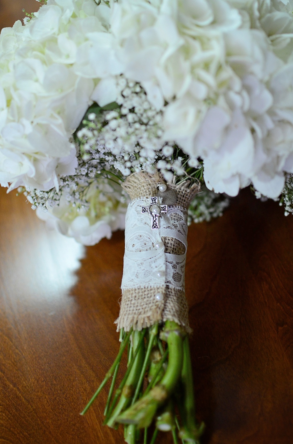 White Wedding Bouquet with Burlap Lace Wrap