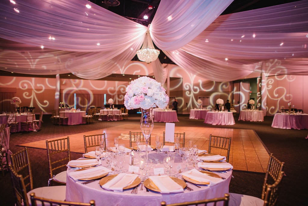 Pink A la Carte Wedding Reception with Pastel Pink & White Centerpieces and Draping