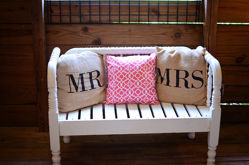 White Bench with Mr & Mrs Wedding Pillows