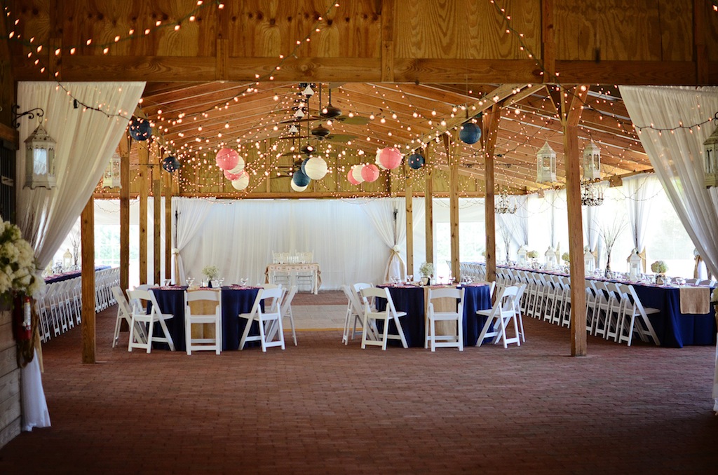 Navy Blue and Coral Rustic Wedding Reception with String Lights and Ball Laterns