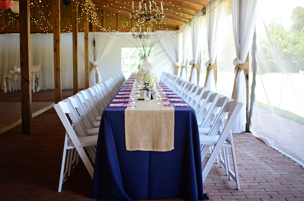 Navy Blue Wedding Linen Feasting Table with Burlap Runner