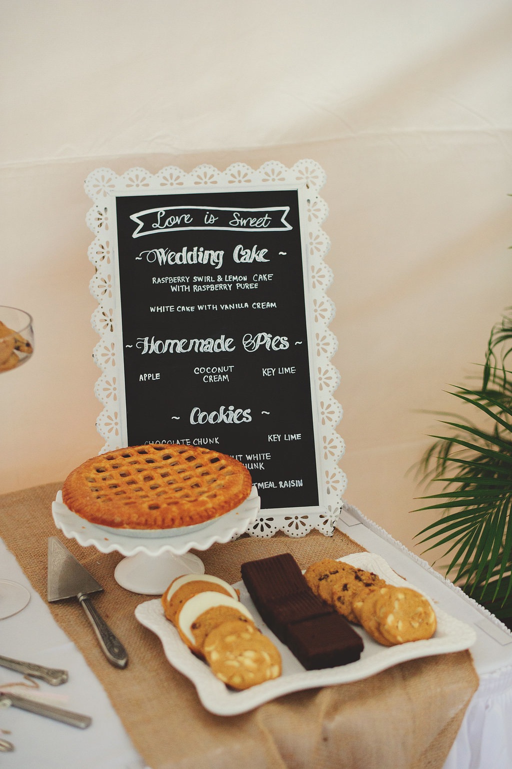 Dessert Table with Burlap Runner and Chalk Sign