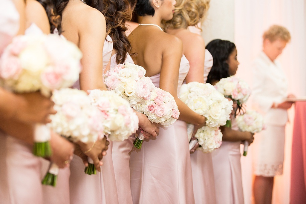 Blush Pastel Bridesmaid Dresses with White Wedding Bouquets