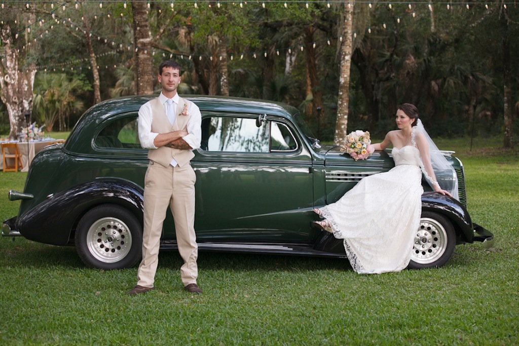 Rustic, Vintage Wedding Bride and Groom with Antique Car
