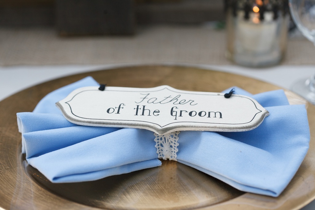 Light Blue Pastel Vintage Napkins and Gold Chargers Vintage with Father of the Groom Napkin Sign