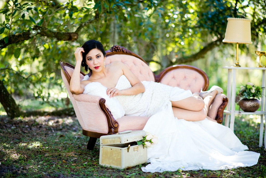 Asian Bride on Vintage Couch by Tufted Vintage Rentals | Vintage, Garden Wedding Styled Shoot