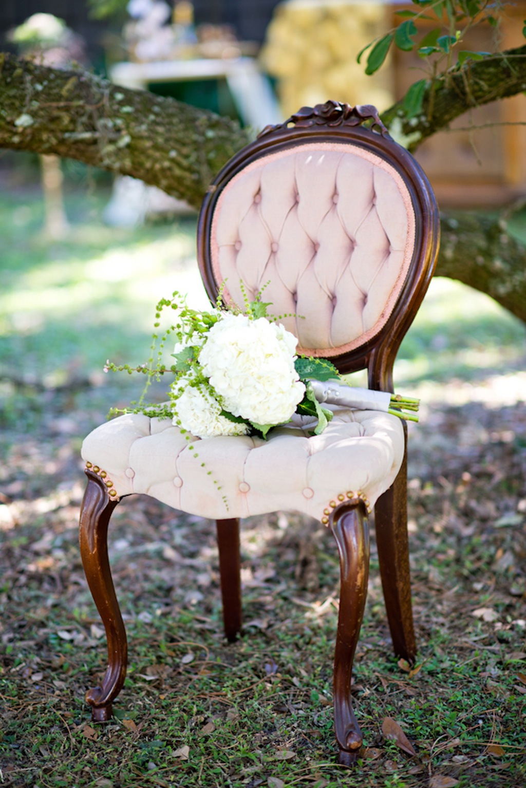 Tufted Vintage Chair Rental with White Wedding Bouquet | Vintage, Garden Wedding Styled Shoot