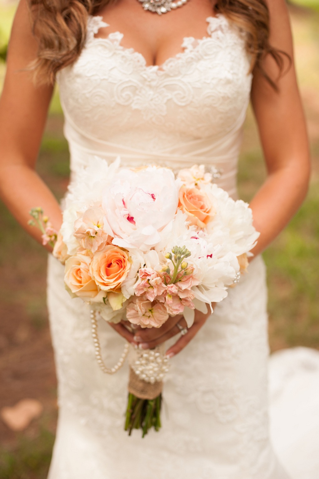 White Lace Wedding Dress with Peach, Pink Burlap and Pearls Wedding Bouquet