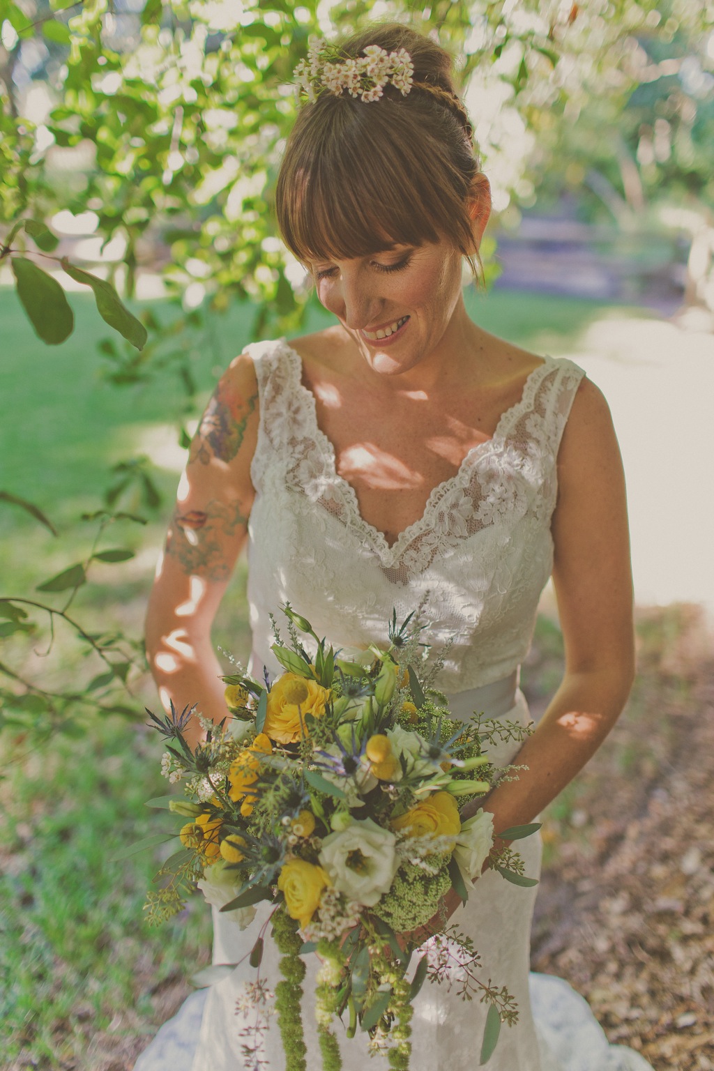 Lace Wedding Dress - Rustic Tattoo Bride with Yellow Wedding Bouquet