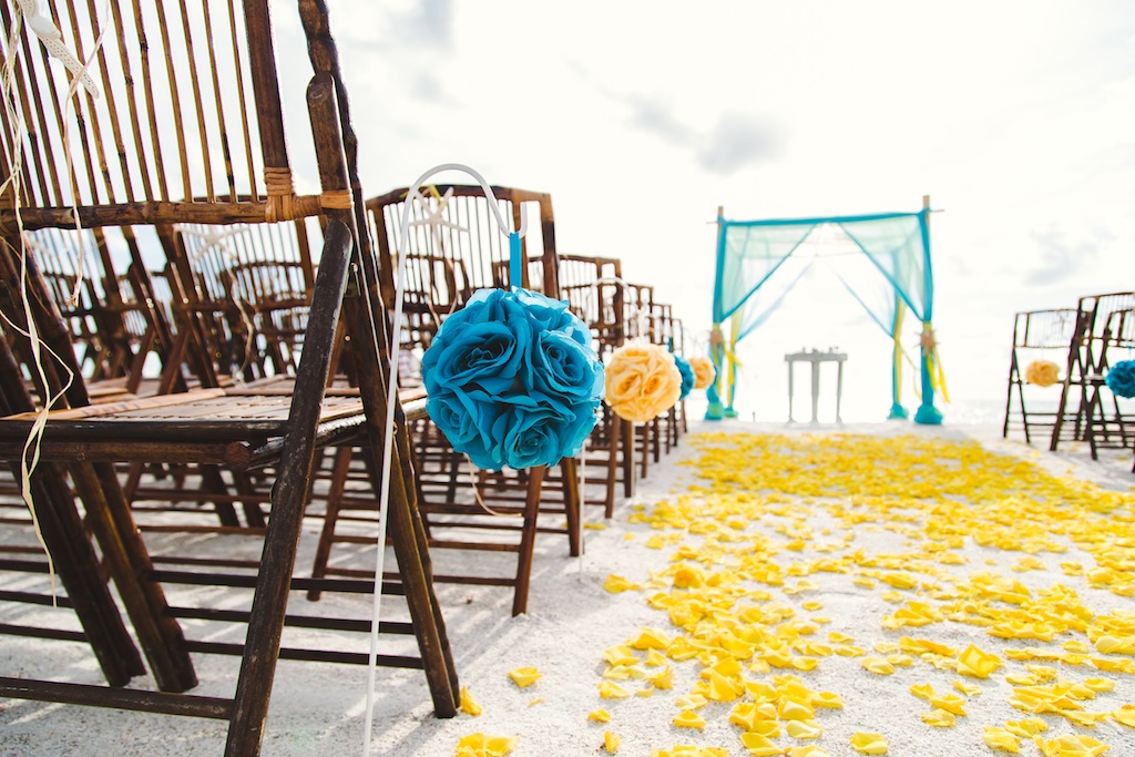 Yellow and Turquoise Beach Wedding Ceremony Decor