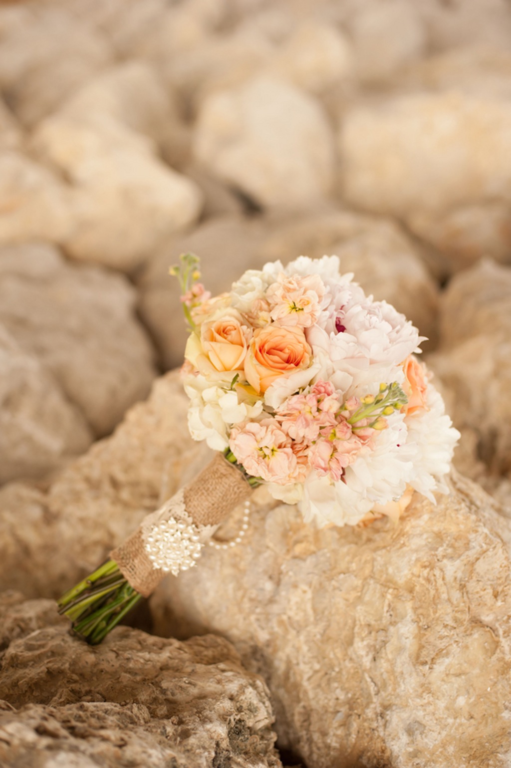 White Lace Wedding Dress with Peach, Pink Burlap and Pearls Wedding Bouquet