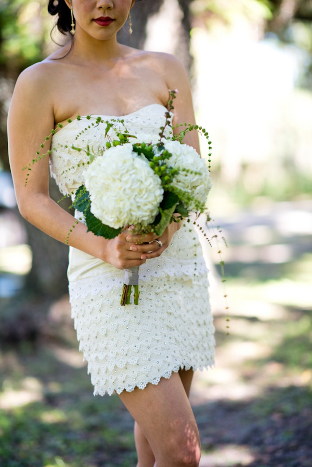 White Wedding Bouquet with Short White Wedding Dress | Vintage, Garden Wedding Styled Shoot