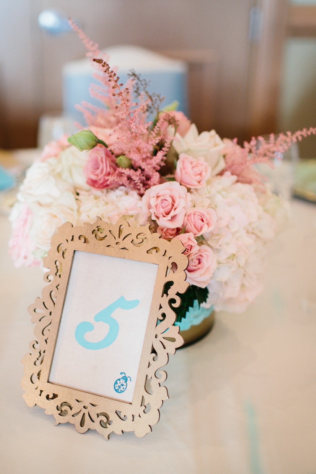 Light Pink Rose Wedding Centerpieces with Light Blue, Turquoise Table Numbers