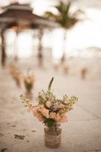 Rustic Beach Wedding Ceremony Peach Flowers in Mason Jar with Burlap and Lace