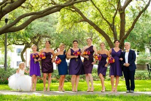 Purple Bridesmaid Dress with Purple and Orange Wedding Bouquet