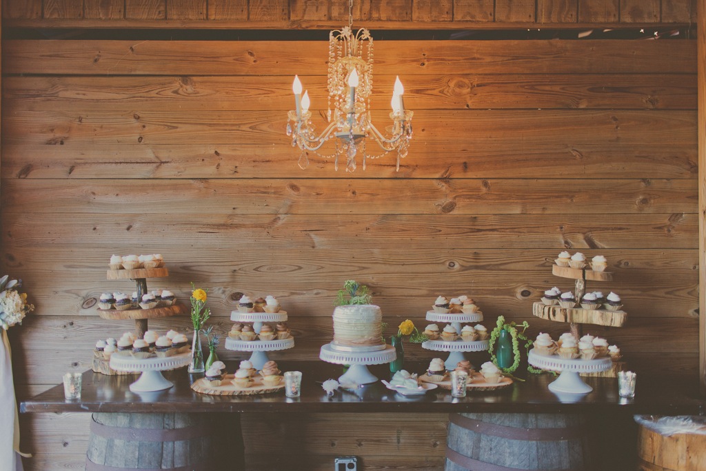 Cupcake Wedding Dessert Table on Barrels - Rustic Wedding