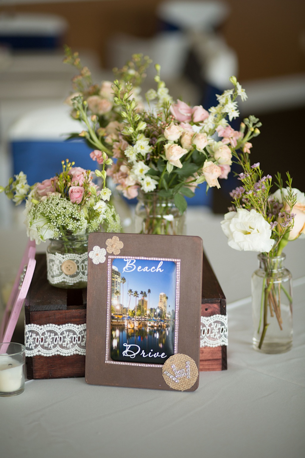 Rustic Wedding Centerpieces: Peach and Pink Flowers with Burlap and Lace