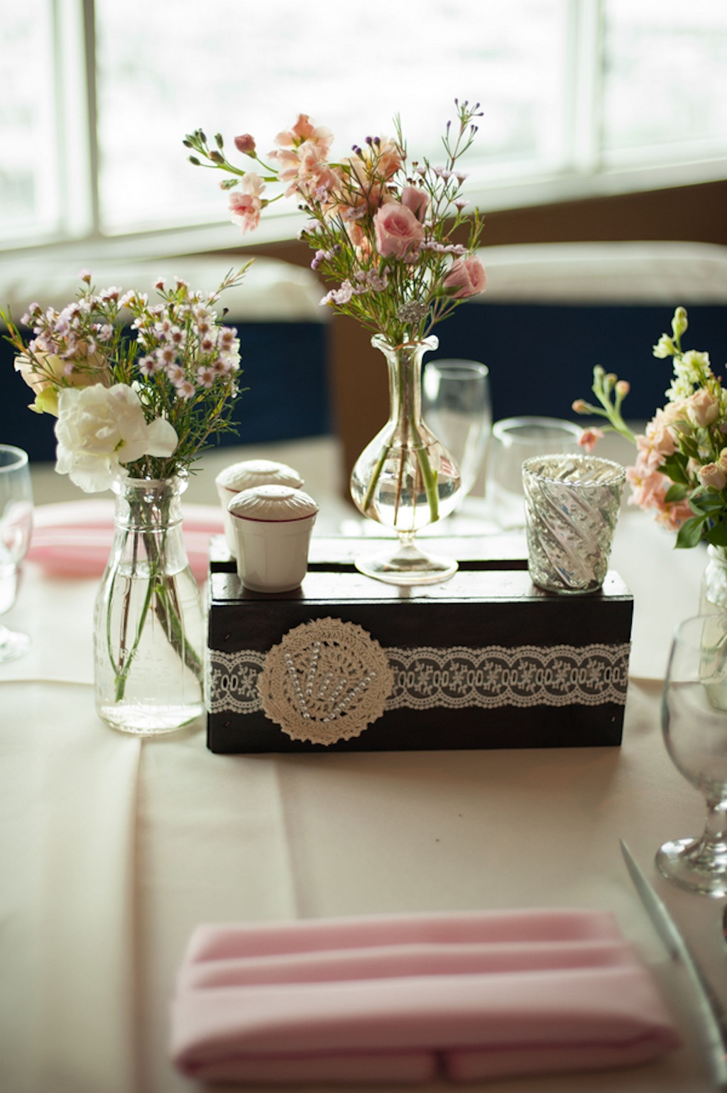 Rustic Wedding Centerpieces: Peach and Pink Flowers with Burlap and Lace