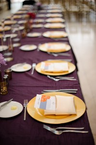 St. Pete Museum of Art Wedding Reception with Purple Linens and Gold Chargers
