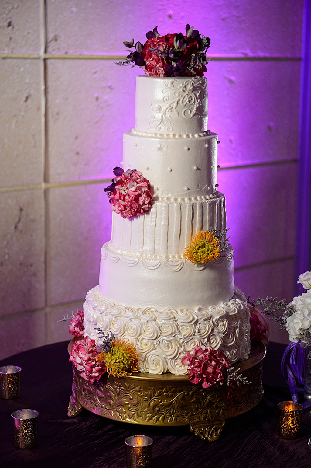 5-Tier White Round Traditional Wedding Cake with Pink Flowers