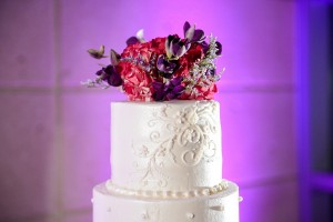 5-Tier White Round Traditional Wedding Cake with Pink and Purple Flowers