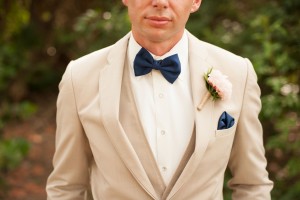 Creme Tan Groom's Suit with Navy Blue Bowtie