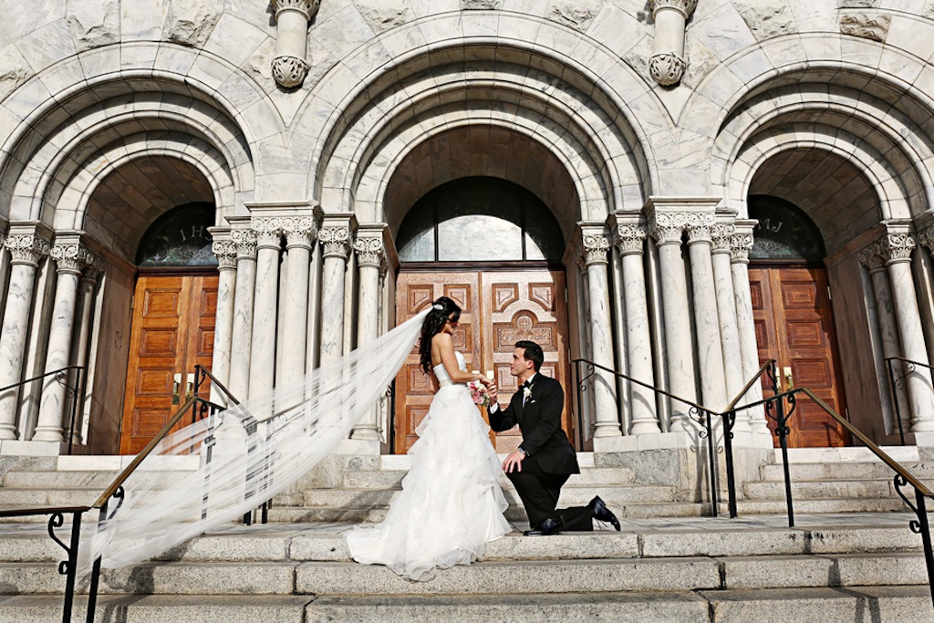 Bride and Groomon Church Steps | Sacred Heart Catholic Church Downtown Tampa Wedding