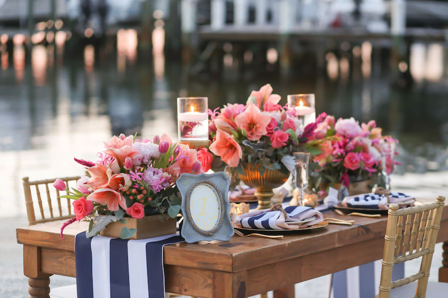 Outdoor Private Beach Wedding Ceremony with Pink and Navy Centerpieces | Waterfront St. Petersburg Wedding Venue Isla Del Sol Yacht and Country Club | Florist Iza's Flowers