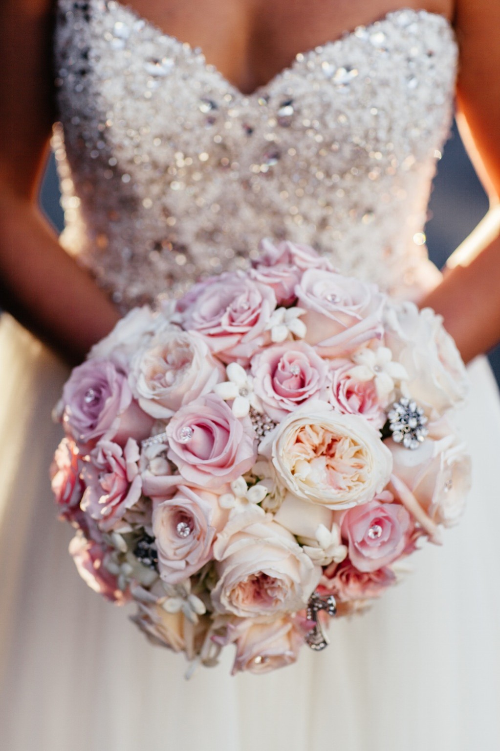 Pink and Peach Rose Wedding Bouquet with Rhinestones and Brooch Wedding Bouquet