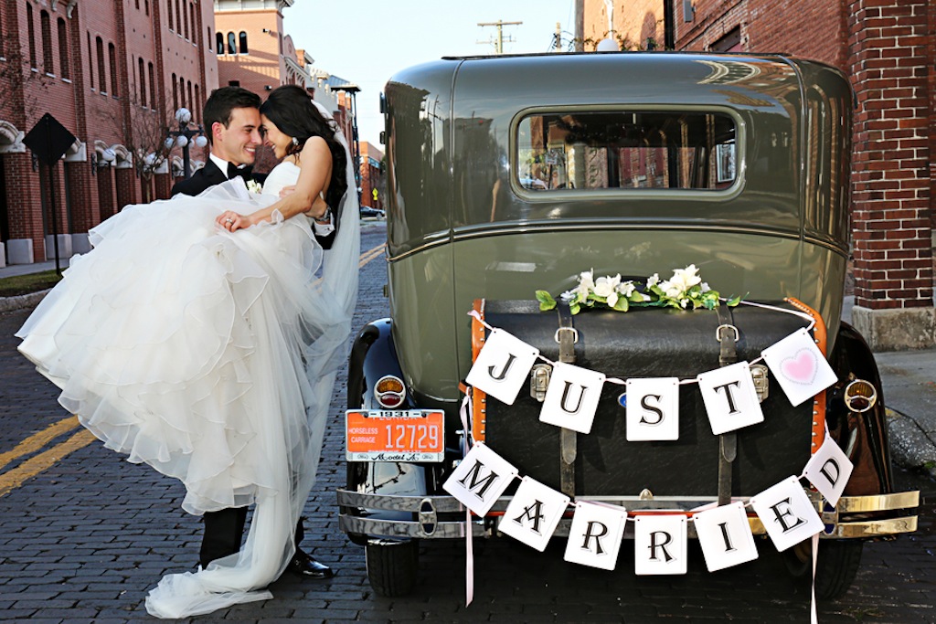 Ybor City Bride and Groom in "Just Married" Vintage Car