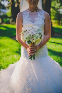 White Lace Wedding Dress with White Wedding Bouquet