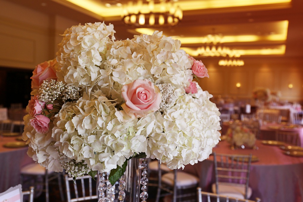 Tall White and Pink Wedding Centerpieces with Crystal Rhinestones | Apple Blossoms Floral Designs