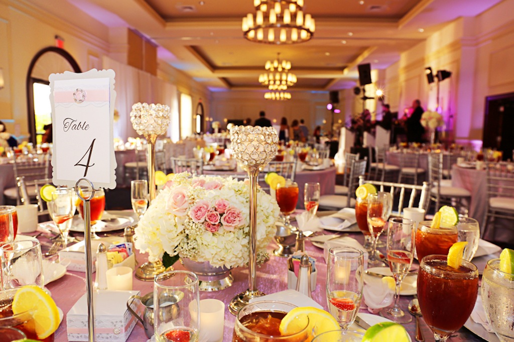 Low White and Pink Wedding Centerpieces with Crystal Rhinestones Candle holders | Apple Blossoms Floral Designs