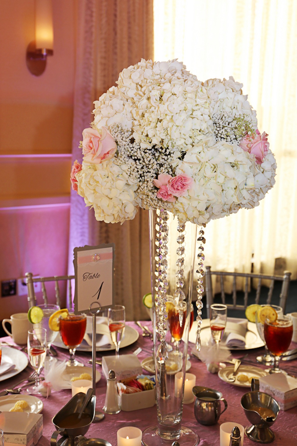 Tall White and Pink Wedding Centerpieces with Crystal Rhinestones | Apple Blossoms Floral Designs