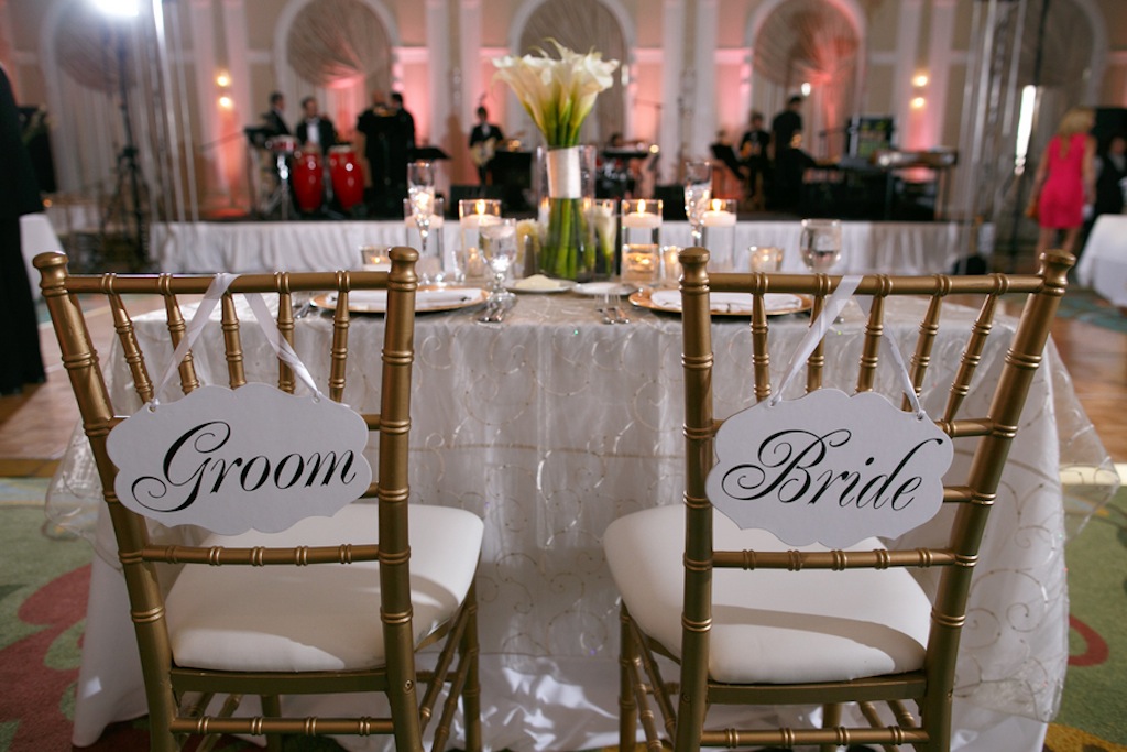 Gold Chiavari Wedding Chairs | Bride and Groom Wedding Signs