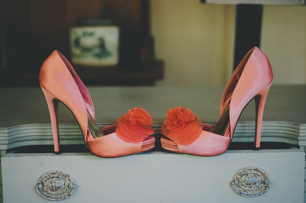 Pink Coral Peep Toe High Heel Wedding Shoes with Bow