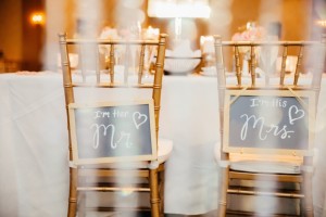 Gold Chiavari Chairs with Chalkboard Mr. and Mrs Signs
