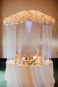 Pink and Peach Pastel Rhinestone Draped Rose Sweetheart Table