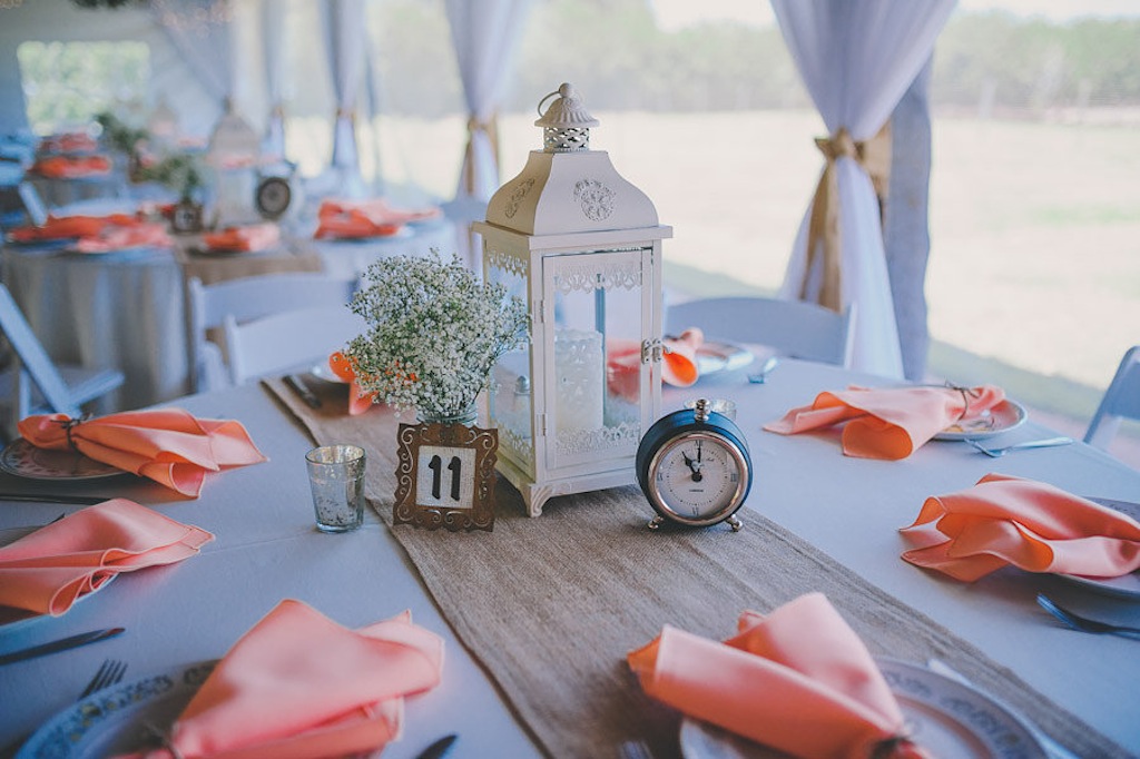 Rustic White Lantern Clock Wedding Centerpieces with Burlap Runner