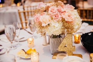 Pink and Peach Pastel Centerpieces with Gold Glitter Number | Northside Florist