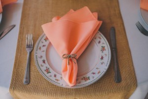Rustic Peach Coral Napkins on Vintage China with Burlap Runner