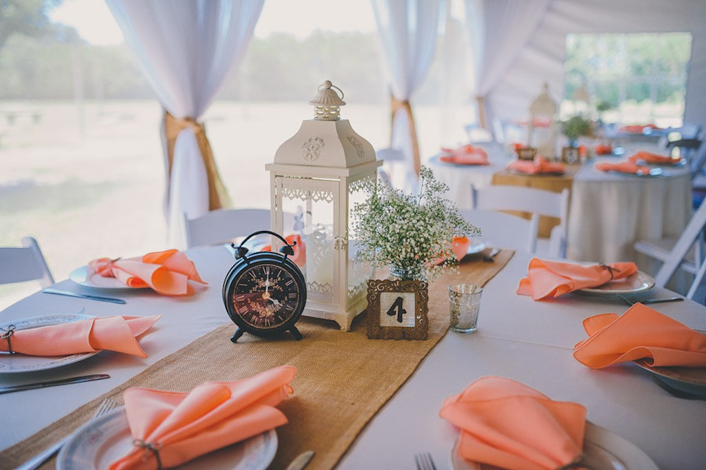 Rustic White Lantern Clock Wedding Centerpieces with Burlap Runner