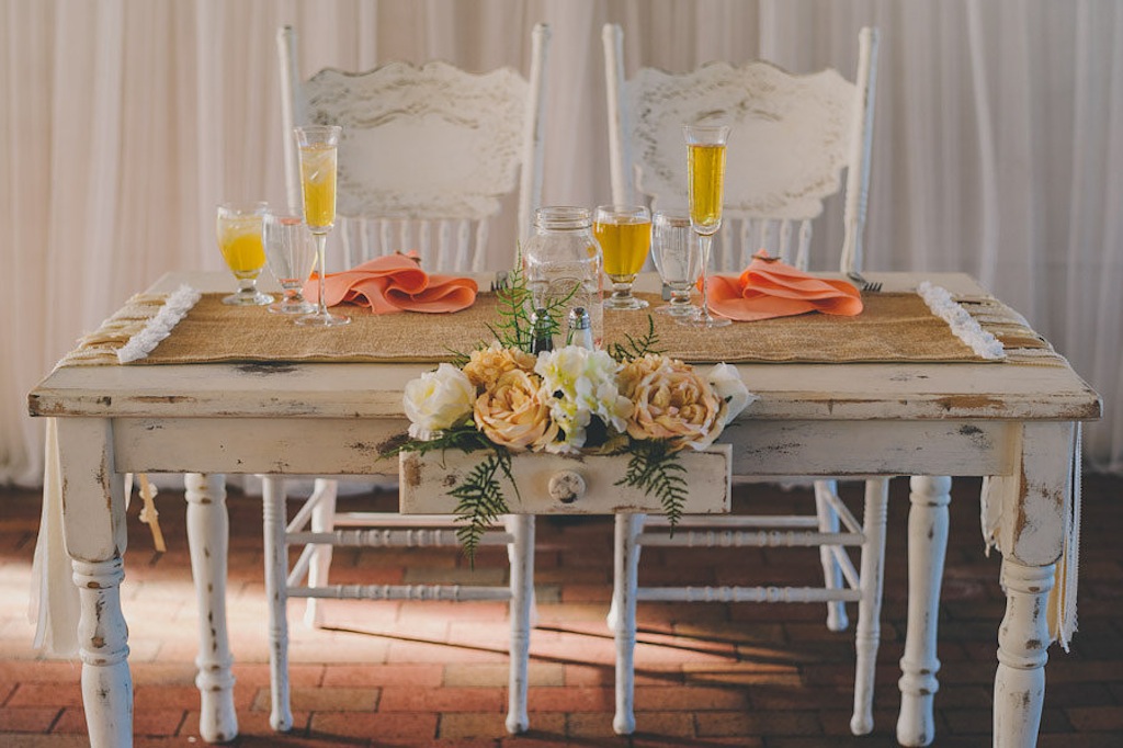 Rustic, Vintage Wooden Sweetheart Wedding Table with Burlap Runner