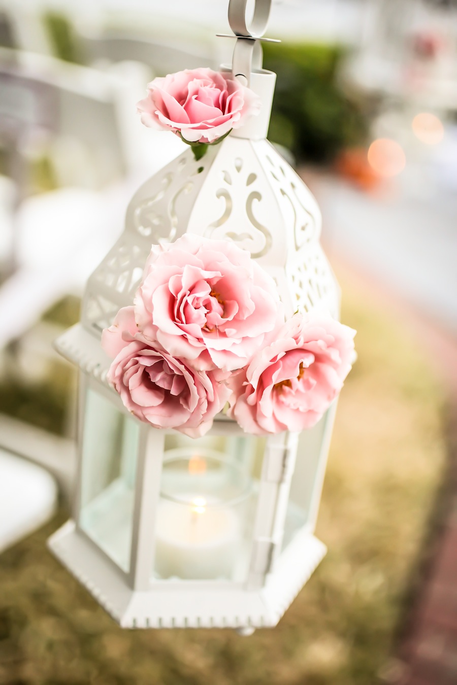 White Lantern with Pink Roses Wedding Ceremony Decor | Northside Florist